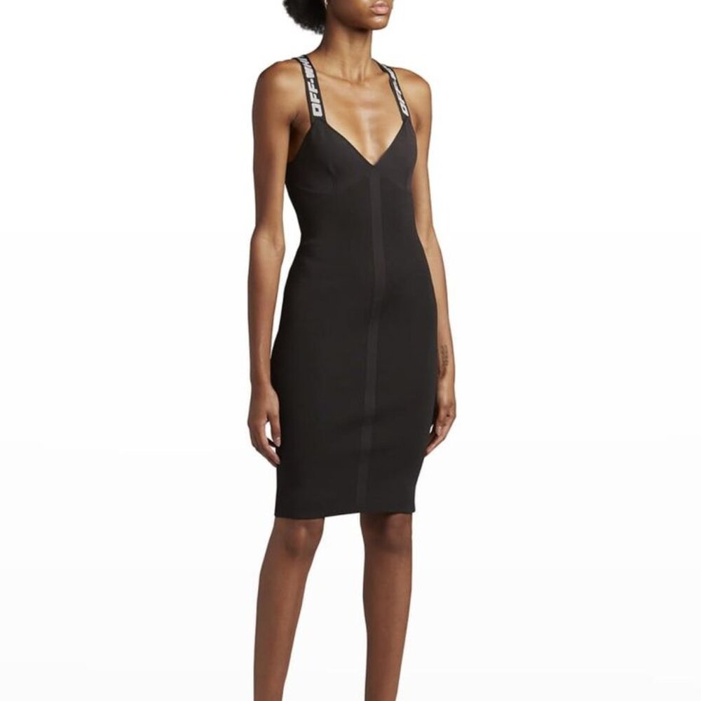 Off-White Black V-Neck Bodycon Dress with Branded Straps